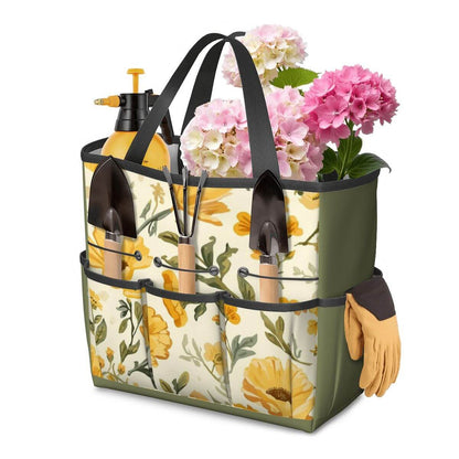 Gartengerätetasche aus Oxford-Stoff mit Blumenmuster, mehreren Taschen für Aufbewahrung, inklusive Gartengeräten und Handschuhen, tragbar und langlebig.