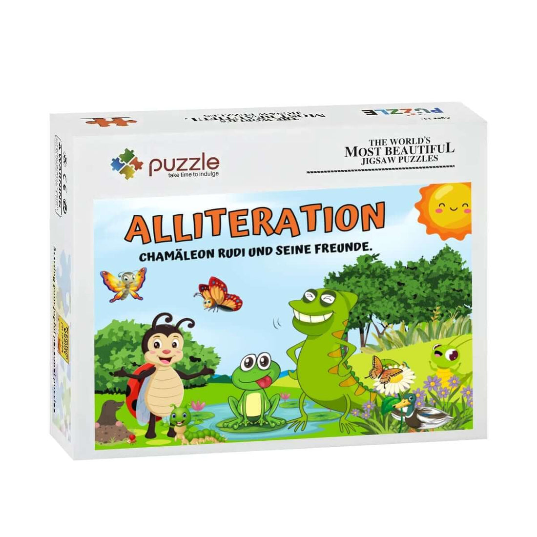 Puzzlebox "Alliteration: Chamäleon Rudi und seine Freunde" mit farbenfrohem Tierdesign, ideal für Kinder.