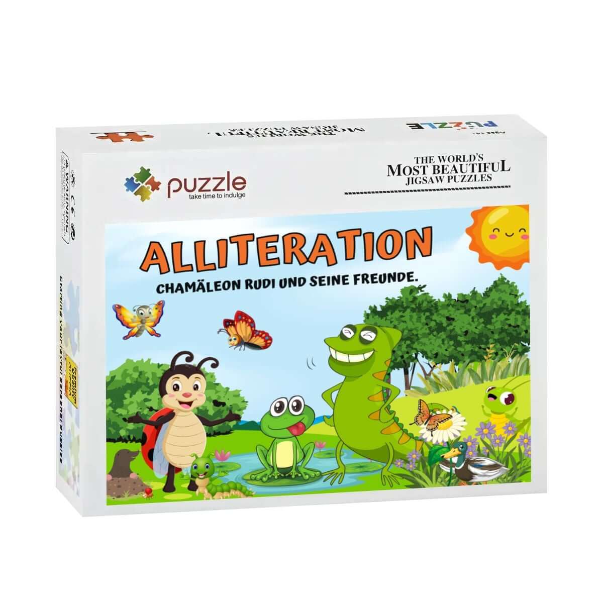 Puzzlebox "Alliteration: Chamäleon Rudi und seine Freunde" mit farbenfrohem Tierdesign, ideal für Kinder.