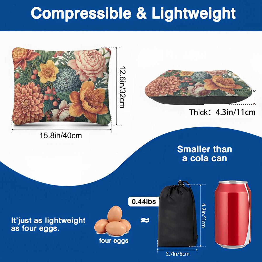 Aufblasbares Campingkissen, leicht und kompakt, misst 15.8x12.6x4.3 Zoll, ideal für Reisen, passt in kleine Taschen.