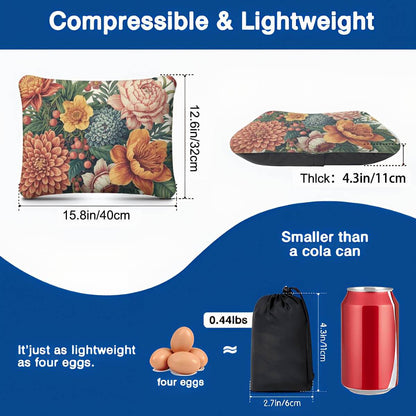 Aufblasbares Campingkissen, leicht und kompakt, misst 15.8x12.6x4.3 Zoll, ideal für Reisen, passt in kleine Taschen.