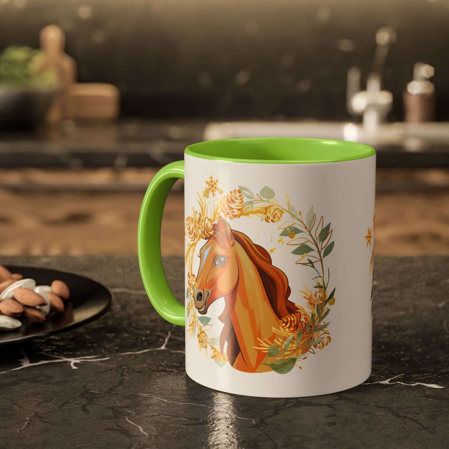Kaffeetasse mit Pferdemotiv und Blumenmuster