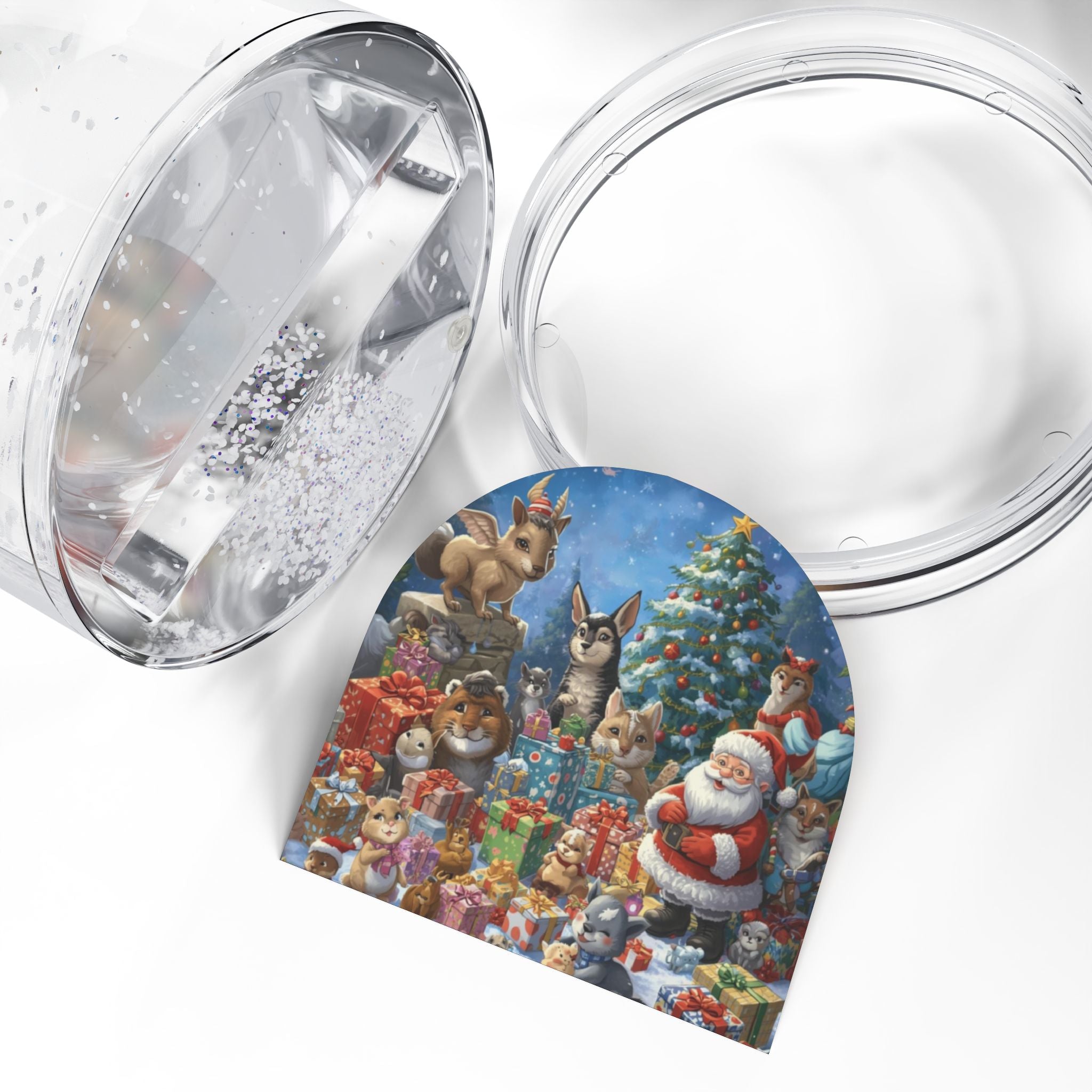 Festliche Schneekugel mit Weihnachtsmann und Tieren