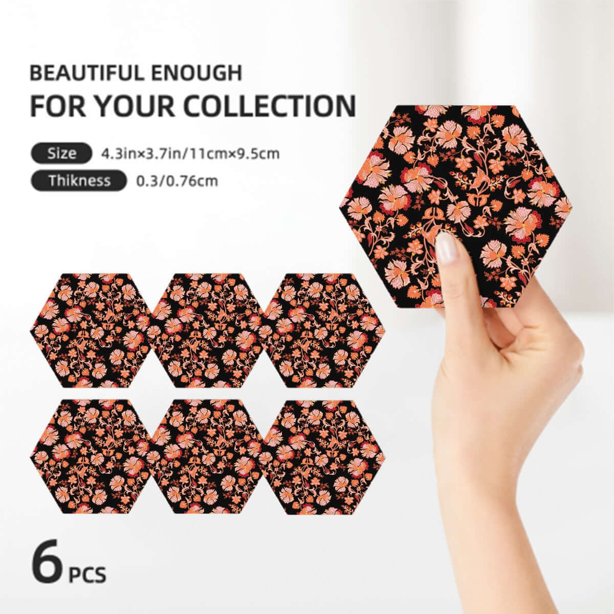 Sechseckige Keramikuntersetzer, 6er-Set mit floralem Design, umweltfreundlich, hervorragende Wasseraufnahme, Größe 4,3x3,7 Zoll.