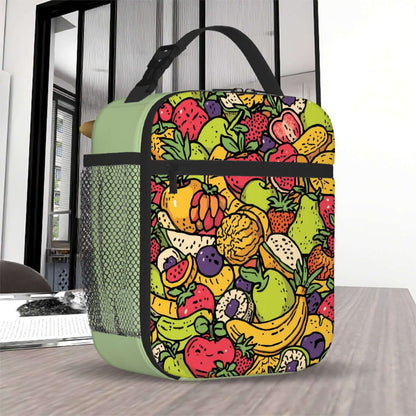 Lunchtasche mit einem schönen Design aus Oxford-Stoff mit bunter Fruchtgrafik, lebensmitteltaugliche PEVA-Beschichtung.