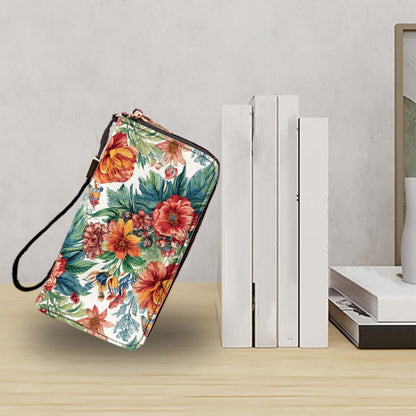 Clutch-Geldbörse für Damen - Hochwertige PU-Brieftasche mit floralem Design, 4,1"x7,9", doppelseitiger Druck, auf Tisch platziert