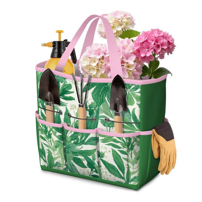 Gartengerätetasche aus wasserdichtem Oxford-Stoff mit Blumendesign, gefüllt mit Gartenwerkzeugen und Blumensprüher, ideal für Gartenarbeit