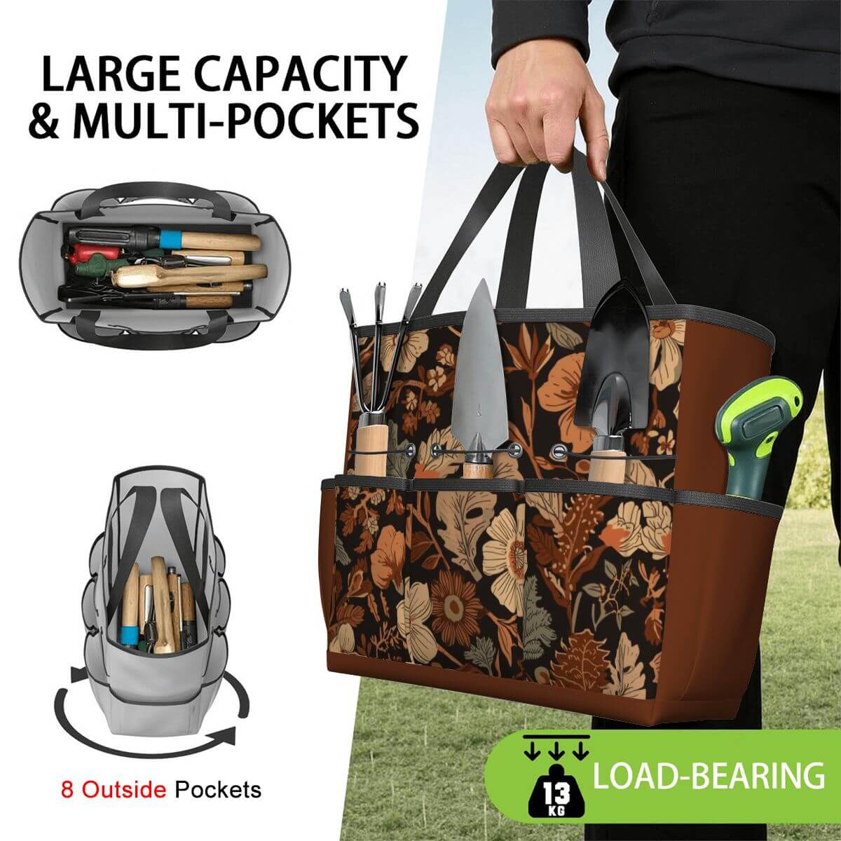 Gartengerätetasche aus Oxford-Stoff mit Blumendesign, mehrere Taschen für Werkzeugaufbewahrung, 13 kg Tragfähigkeit.