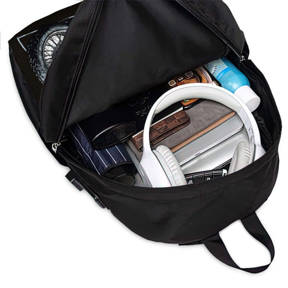 Oxford Reise-Laptop-Rucksack mit USB-Anschluss, gefüllt mit Büchern, Kopfhörern und Reisezubehör, offenes Hauptfach