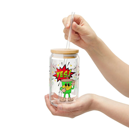 Details für Trinkglas mit Cartoon-Motiv, Bambusdeckel und Strohhalm 