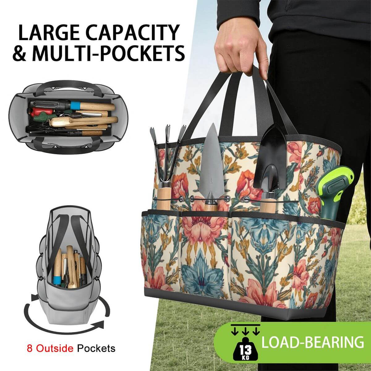 Gartengerätetasche aus Oxford-Stoff mit Blumenmuster, wasserdicht, große Kapazität, 8 Außentaschen, leicht zu transportieren.