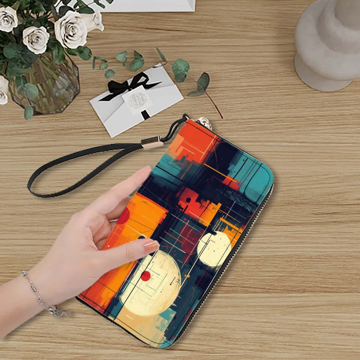 Clutch-Geldbörse für Damen aus PU mit abstraktem Design, UV-Druck, große Kapazität mit Kartenschlitzen und Handyhalter.