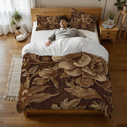 Komplettes Bettwäscheset mit braunem floralen Design auf Bett und Kissenbezügen, hochwertiger Polyesterstoff in modernem Schlafzimmer.