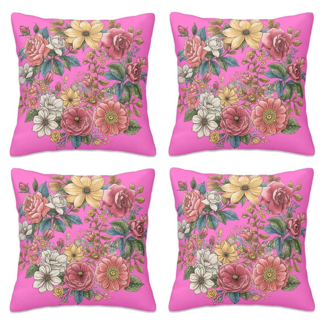 Ganzjahres-Kissenbezüge, 4er-Set mit floralem Design auf pinkem Hintergrund, aus weichem Polyester, 12x12 bis 20x20, Details ansehen.