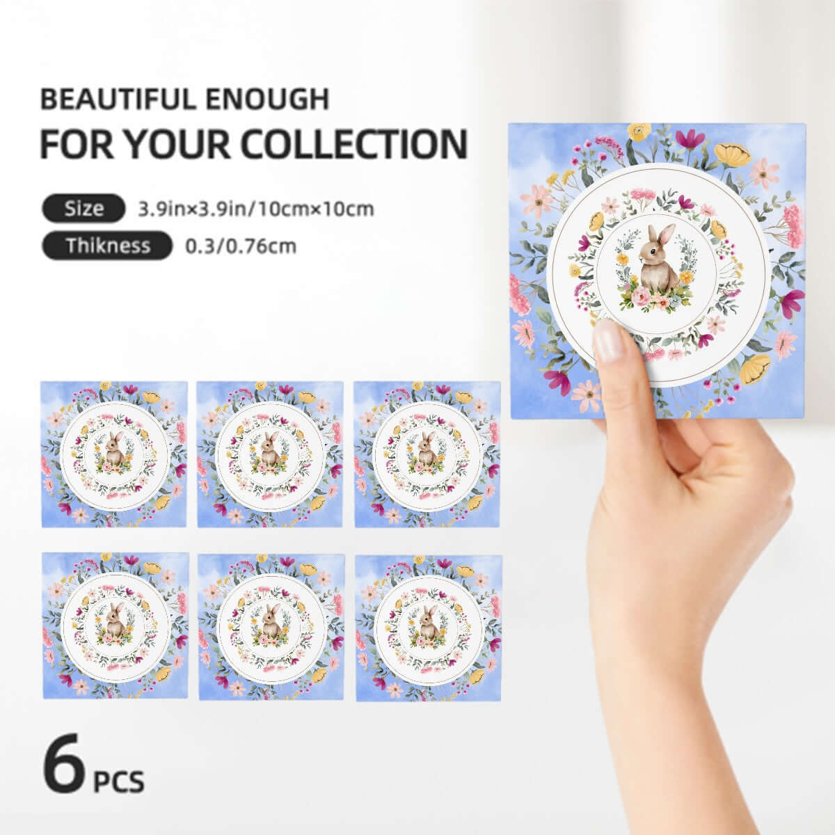 Quadratische Keramikuntersetzer, 6 Stück, mit floralem und Hasen-Motiv, UV-Druck, 4x4 Zoll Größe, umweltfreundlich, wasserabsorbierend