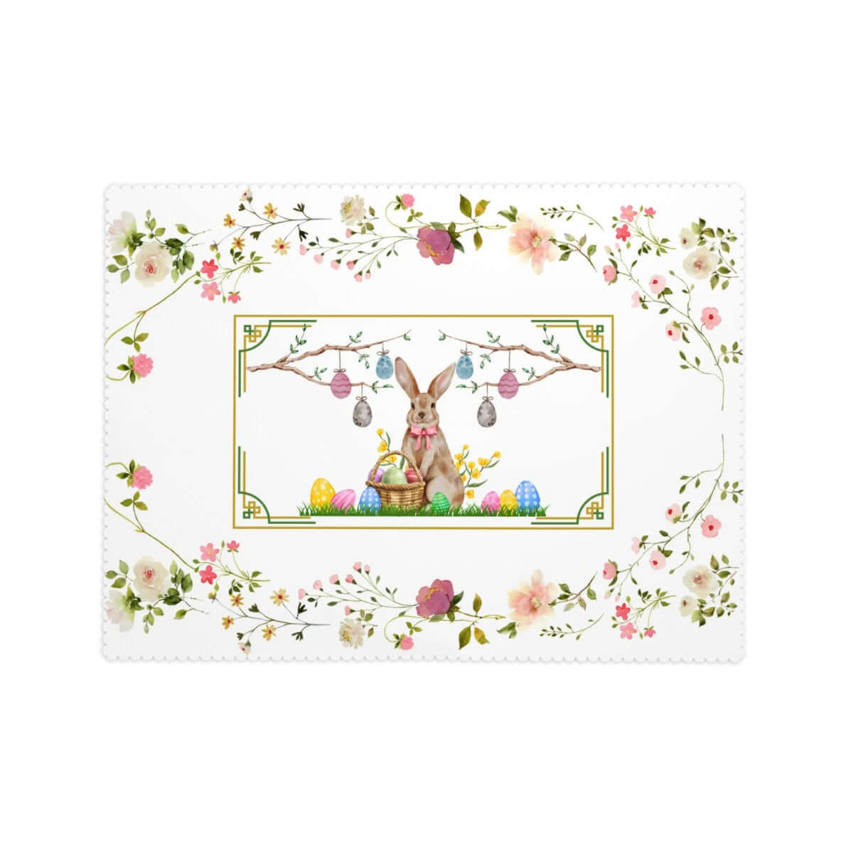 Rechteckige Tischdecke mit Wellenrand Ostermotiv mit Hase und Eiern, aus 100% Polyester, 72"x54". Einseitiger Sublimationsdruck.