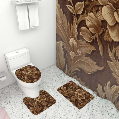 Video Badezimmerteppich-Set mit Duschvorhang, 4-teilig, Polyester, braunes Blumenmuster, passend für Badezimmergestaltung.