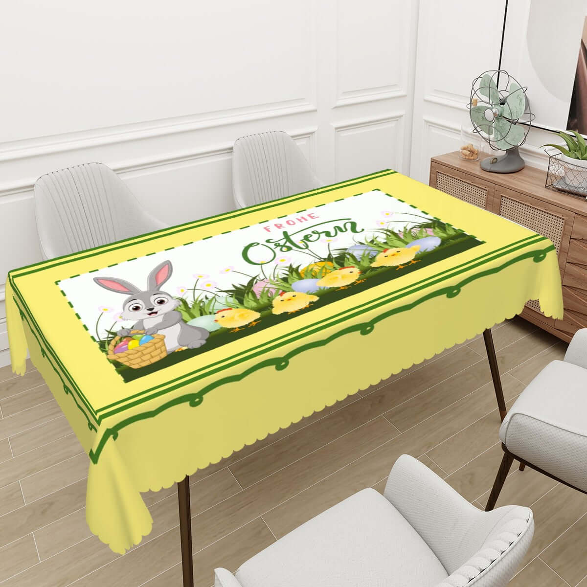 Rechteckige Tischdecke mit Wellenrand Ostermotiv, 100 % Polyester, 72"x54", einseitiger Druck, wasserdicht und wiederverwendbar