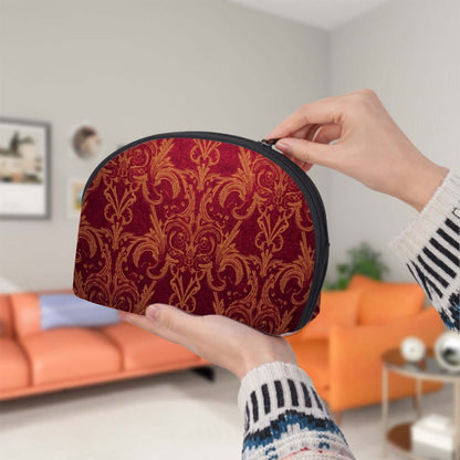 Person holding Aufbewahrungsbeutel-Set (2 Stück) with red pattern design, showing one-sided full area sublimation print.