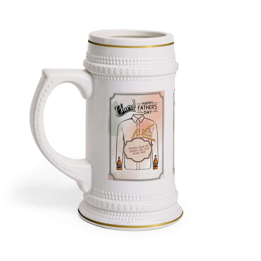Bierkrug zum Vatertag – Prost! Ein Bierkrug, der nicht nur praktisch ist, sondern auch eine fröhliche Botschaft vermittelt. Mit dem Spruch „Prost!“ und dem Bezug zum Vatertag wird er zum perfekten Geschenk für Väter, die gerne ein kühles Bier genießen.  D