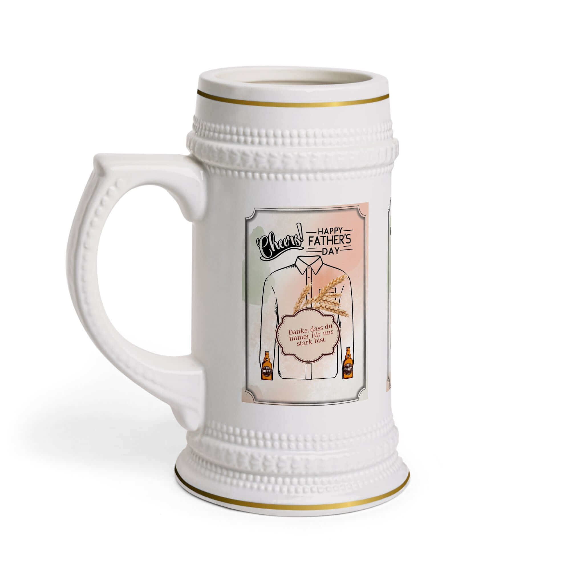 Bierkrug zum Vatertag – Prost! Ein Bierkrug, der nicht nur praktisch ist, sondern auch eine fröhliche Botschaft vermittelt. Mit dem Spruch „Prost!“ und dem Bezug zum Vatertag wird er zum perfekten Geschenk für Väter, die gerne ein kühles Bier genießen.  D
