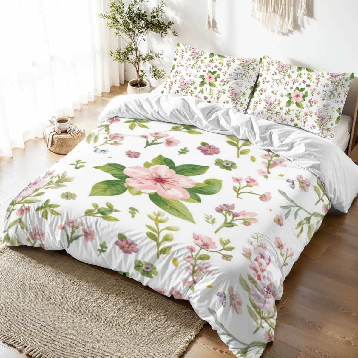 Queen-Bettwäsche-Set aus 90GSM Polyester mit floralem Design und sublimationsgedruckten Mustern, 90x90 Bettbezug, 30x20 Kissenbezüge