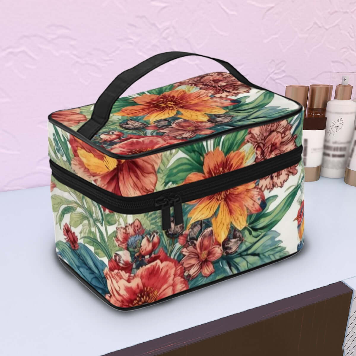 Tragbare Reise-Kosmetiktasche mit floralem Design, große Kapazität, Polyester, elegante Reißverschlussstruktur, Details für Tragbare Reise-Kosmetiktasche ansehen