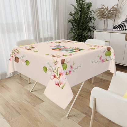 Quadratische Tischdecke Ostermotiv, 54"x54" or 60"x60" polyester with Easter print, sublimation technique, on a dining table.