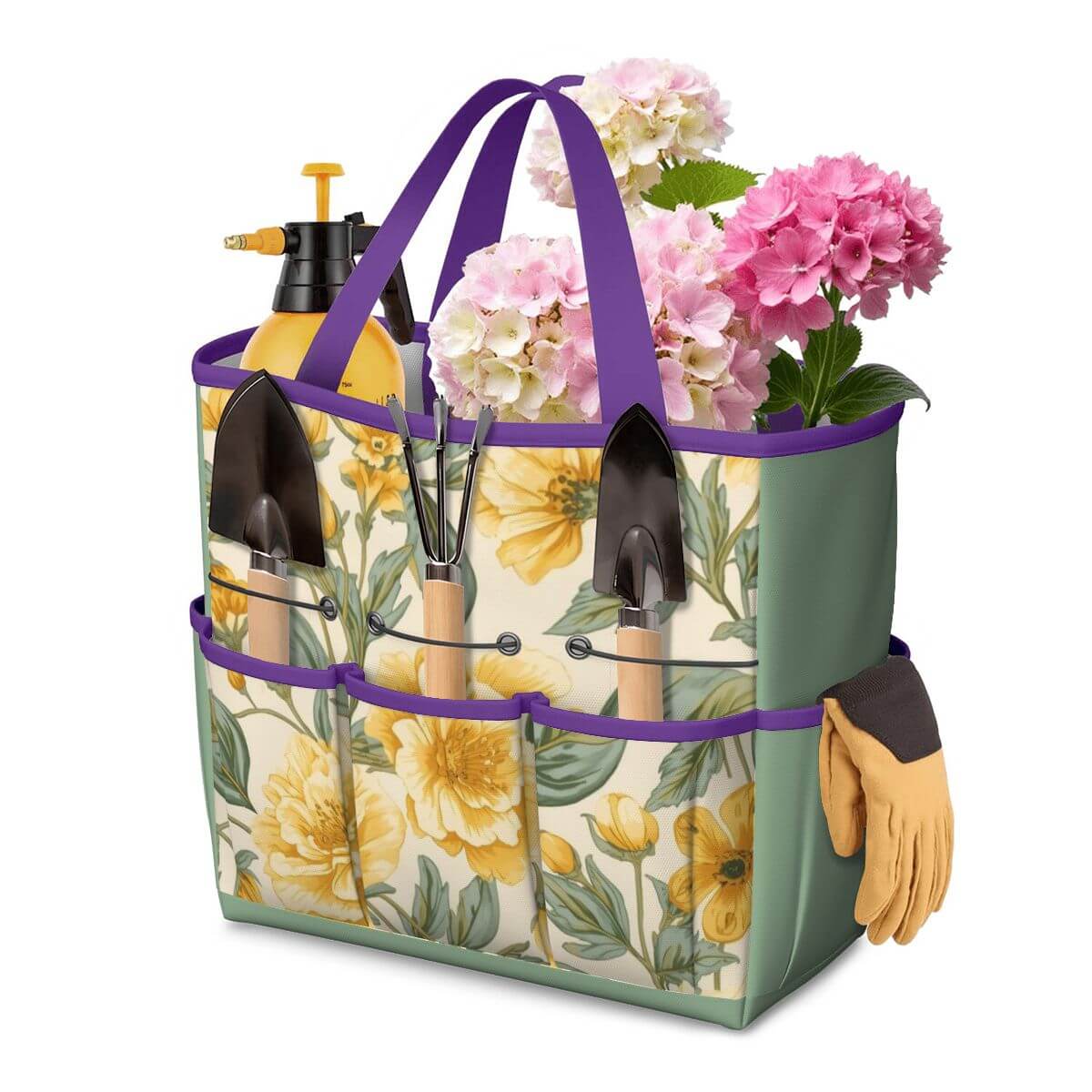 Gartengerätetasche aus Oxford-Stoff mit Blumendesign, gefüllt mit Gartengeräten und Blumen, ideal für organisierte Lagerung.