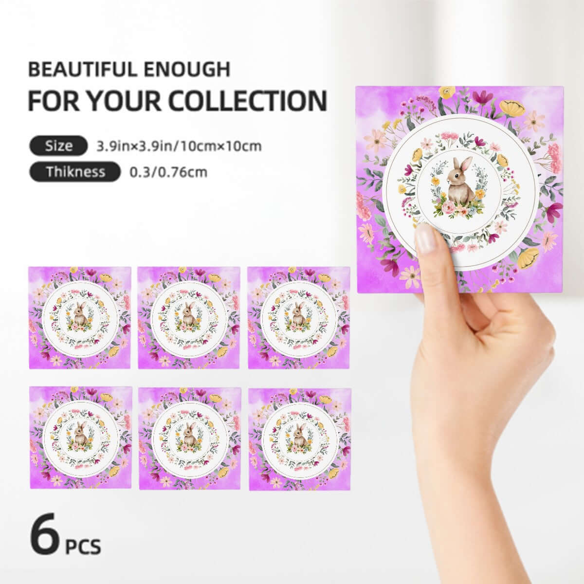 Quadratische Keramikuntersetzer, 6 Stück mit Blumen- und Hasenmotiv, ideal für Ihre Sammlung, Größe 3.9in x 3.9in.