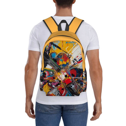 Person trägt geräumiger Oxford-Rucksack mit Seitentaschen, modernes Design, einseitiger Druck, Sublimation, aus Polyester.