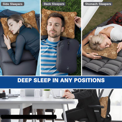 Verschiedene Schlafpositionen mit dem Video Aufblasbares Campingkissen, geeignet für Seiten-, Rücken- und Bauchschläfer.