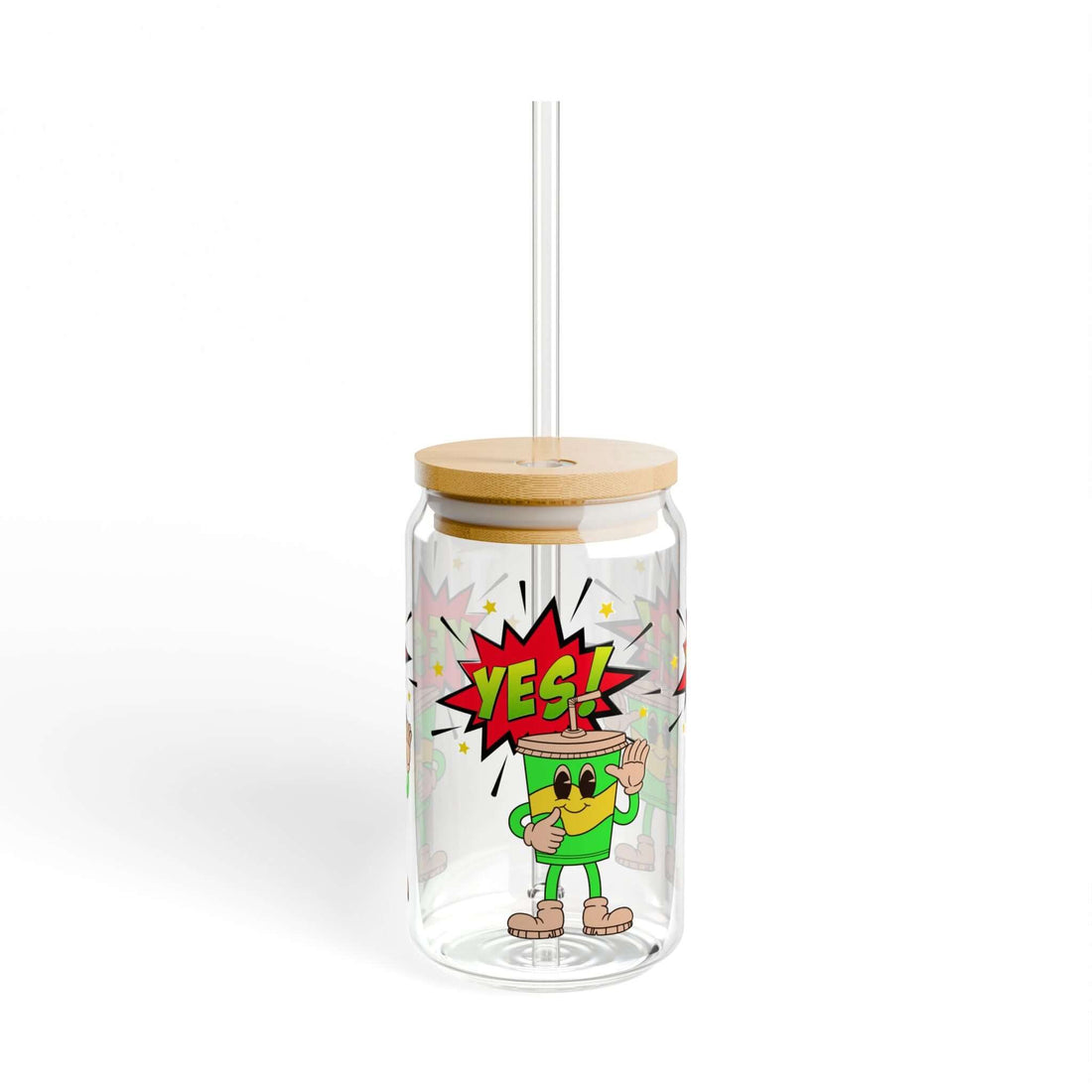 Details für Trinkglas mit Cartoon-Motiv, Bambusdeckel und Strohhalm 