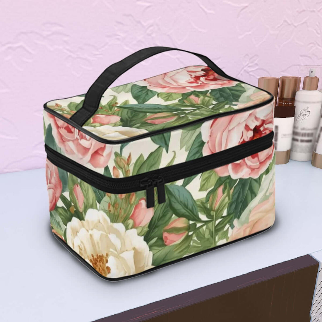 Blumige Tragbare Reise-Kosmetiktasche aus Polyester mit großem Reißverschluss, ideal für Reisen. Details für Tragbare Reise-Kosmetiktasche ansehen.