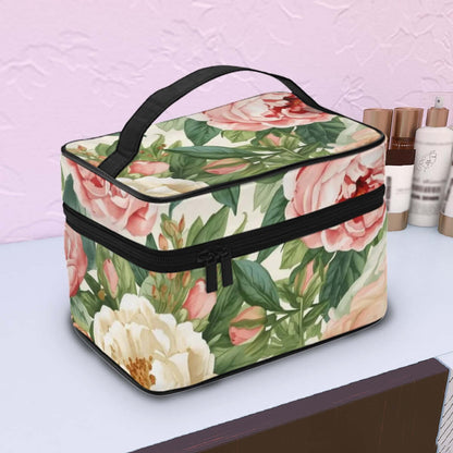 Blumige Tragbare Reise-Kosmetiktasche aus Polyester mit großem Reißverschluss, ideal für Reisen. Details für Tragbare Reise-Kosmetiktasche ansehen.