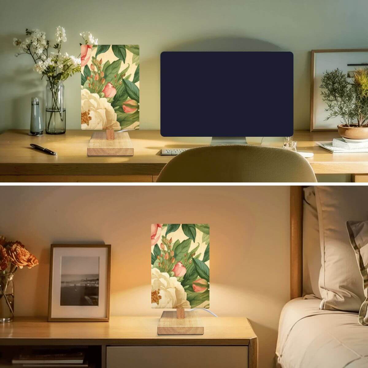 Quadratische Tischlampe mit UV-Druck und Leinenstoff für eine warme Atmosphäre, Nahaufnahme auf Schreibtisch und Nachttisch.