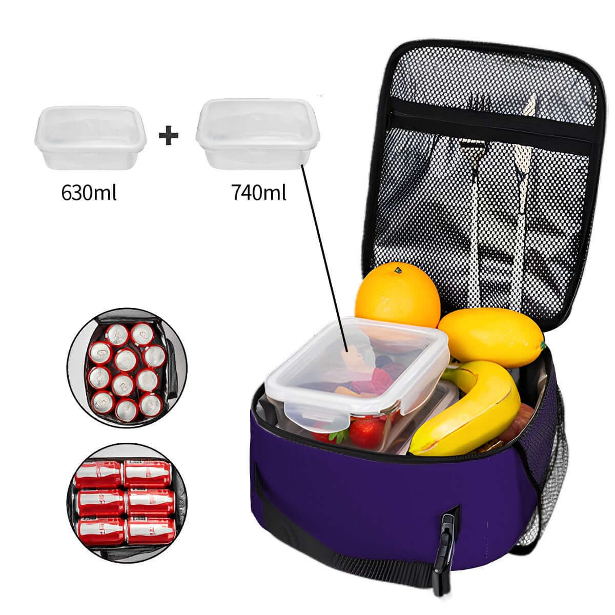 Lunchtasche mit ein schönes Design aus Oxford-Stoff, gefüllt mit Obst und zwei versiegelten Behältern, lebensmitteltauglich für unterwegs.