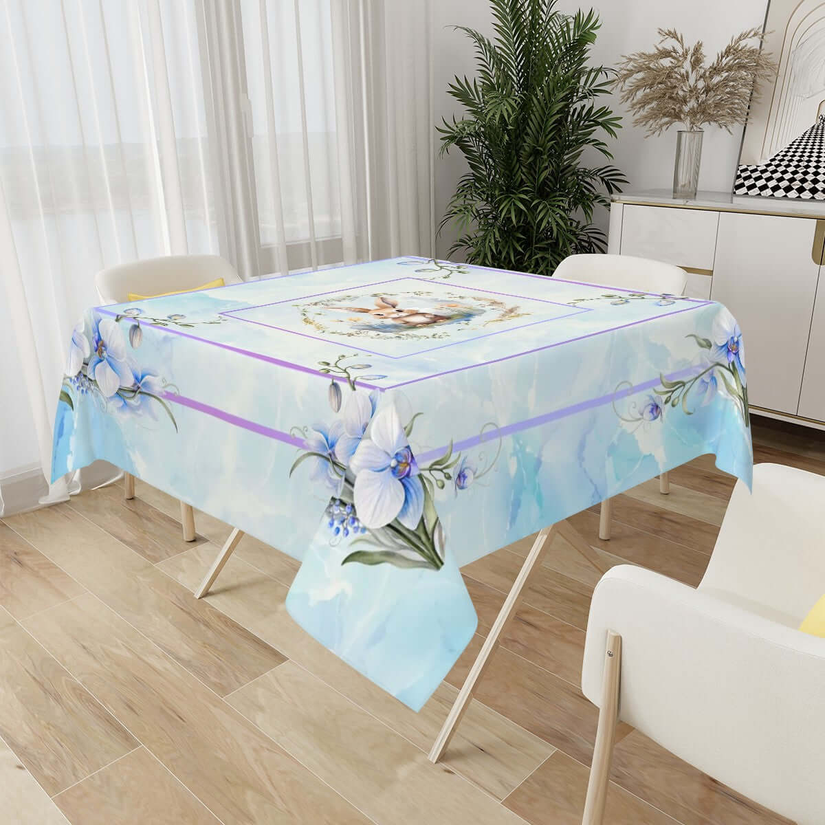 Quadratische Tischdecke Ostermotiv aus Polyester, 54"x54" Design mit Sublimationsdruck, wasserabweisend, dekoriert mit Frühlingsmotiven.