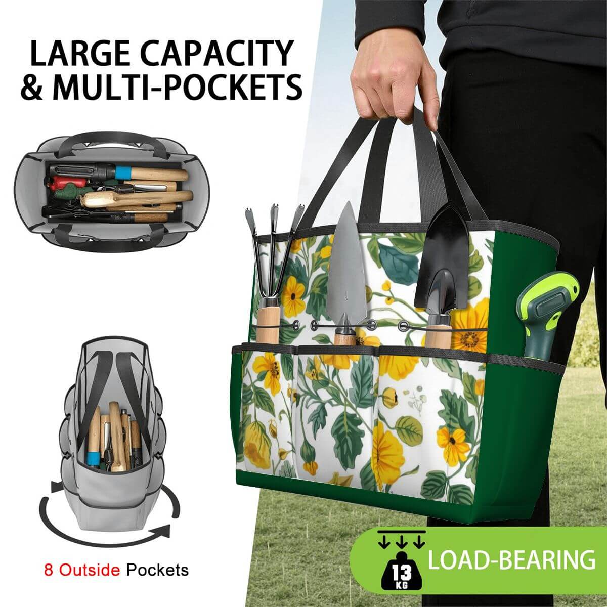 Gartengerätetasche mit großem Fassungsvermögen, mehreren Taschen, wasserdichtem Oxford-Stoff, ideal für Gartenbedarf, tragbares Design.