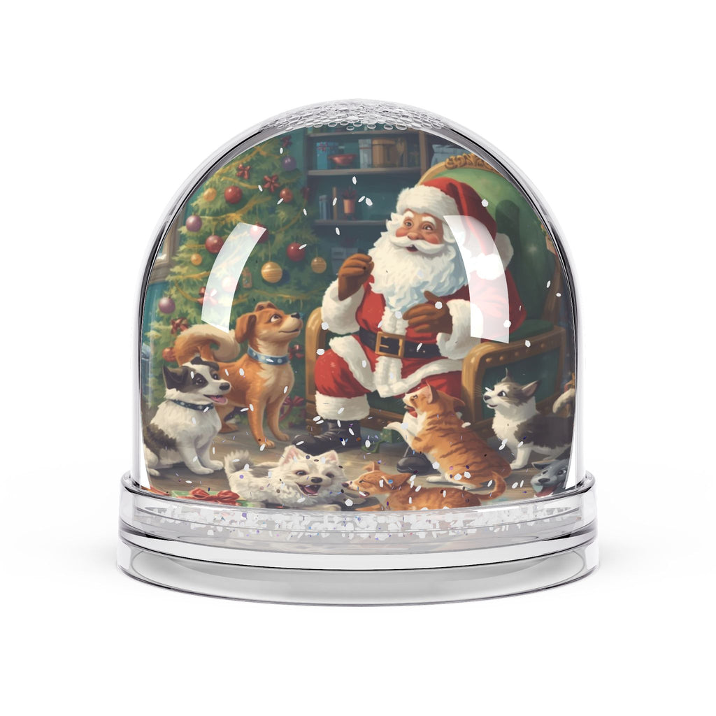 Weihnachts-Schneekugel mit Weihnachtsmann und Haustieren