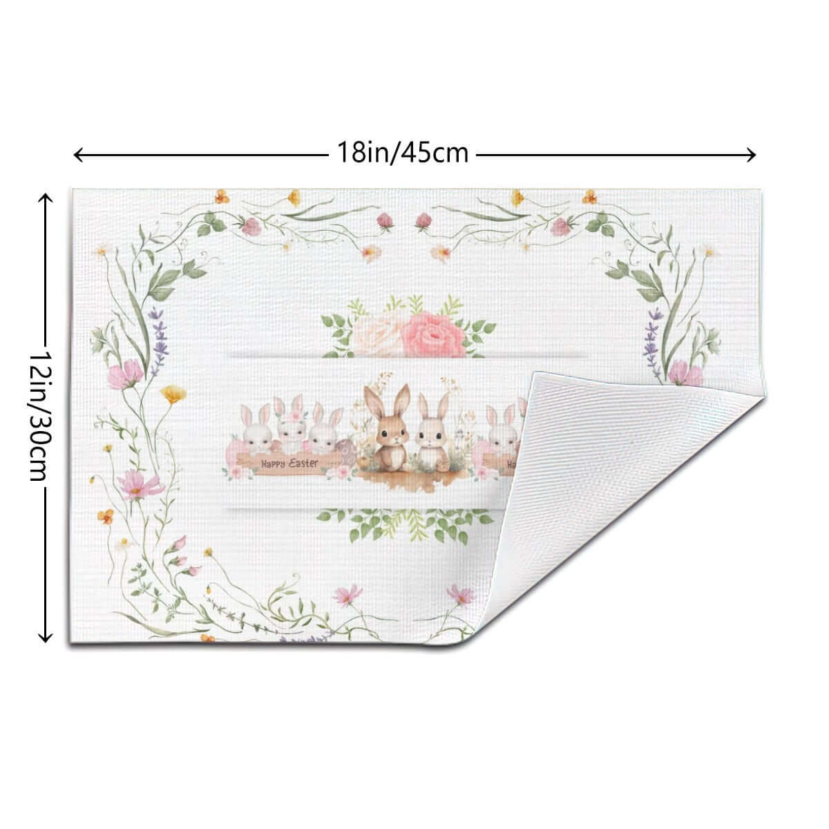 Tischset aus gewebtem PVC, 18x12 Zoll, mit einseitigem Design aus floralen Mustern und Häschen, rutschfest und hitzebeständig bis 80 °C.