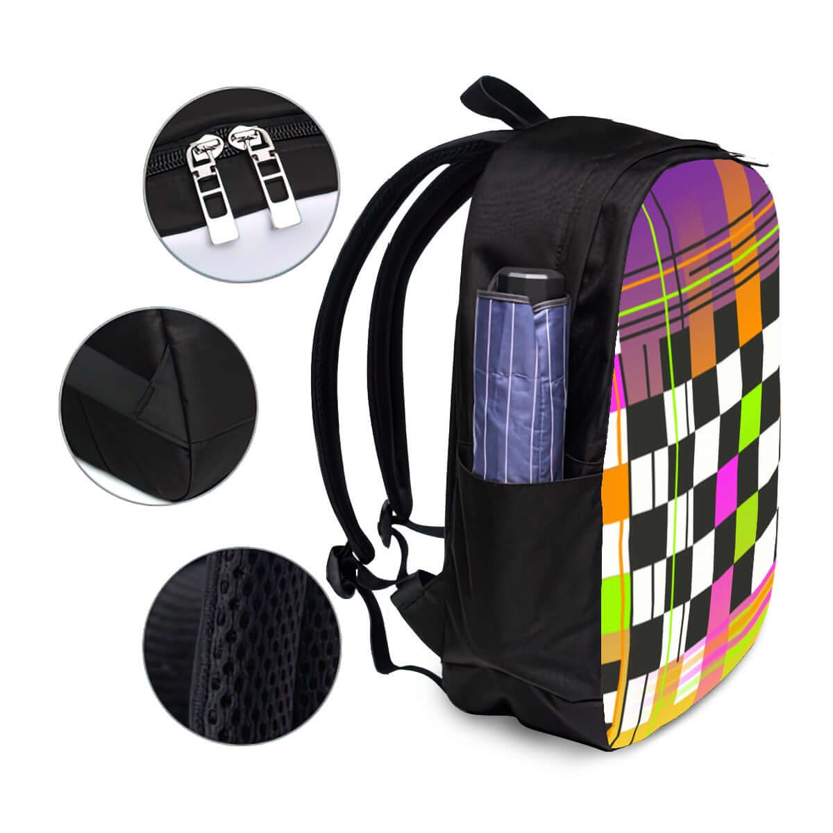 Oxford Reise-Laptop-Rucksack mit USB-Anschluss, farbenfrohes Design, zeigt Details von Reißverschlüssen und Verstärkungen.