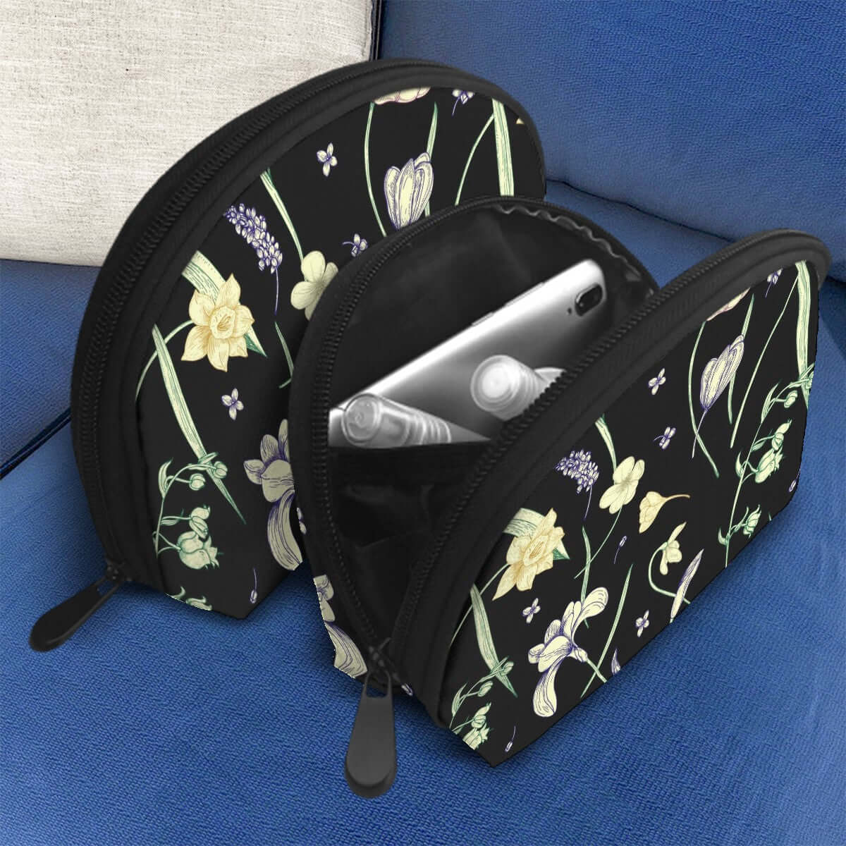 Aufbewahrungsbeutel-Set aus Polyester mit Blumendesign, große und kleine Größe, Sublimationsdruck, Reißverschluss maximal geöffnet.