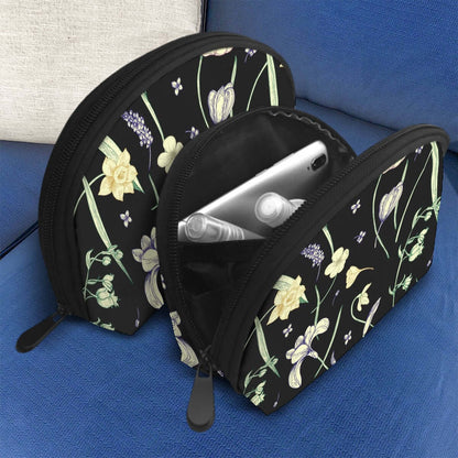 Aufbewahrungsbeutel-Set aus Polyester mit Blumendesign, große und kleine Größe, Sublimationsdruck, Reißverschluss maximal geöffnet.