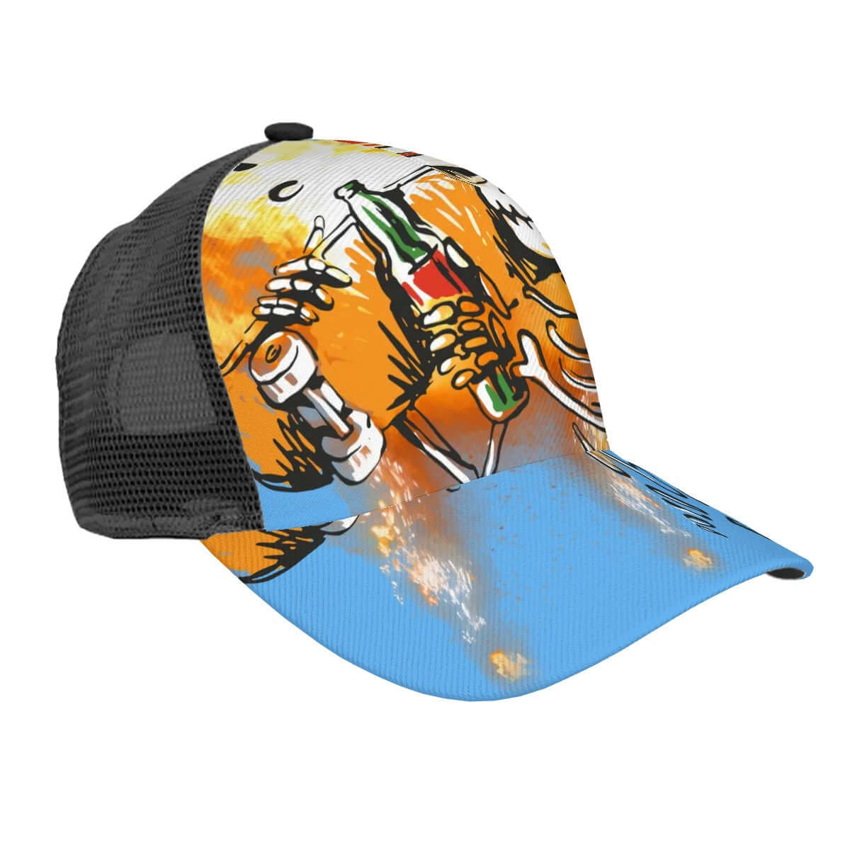 Baseballkappe mit Mesh-Einsatz in buntem Design und schwarz-blauer Rückseite.