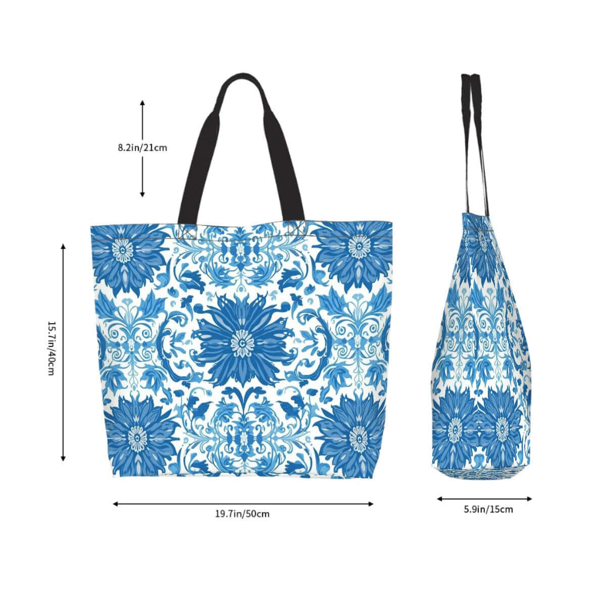 Große Schultertasche für Damen mit blauem Blumendesign, 19,7"x15,7"x5,9", aus wasserabweisendem Polyester, ideal für vielseitige Nutzung.