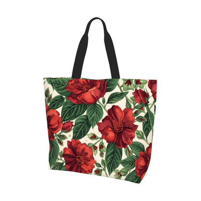 Große Schultertasche für Damen mit rotem Blumenmuster und schwarzem Griff, 100% Polyester, wasserabweisend, großzügiger Stauraum