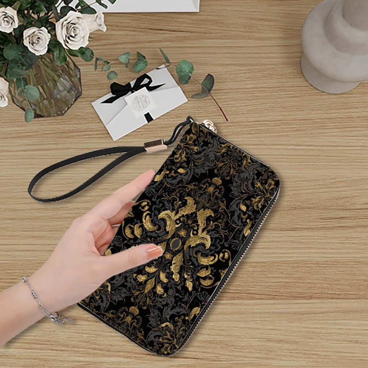 Clutch Wallet for Women in black and gold floral design made of high-quality PU fabric, showcasing multiple card slots and practical size 4.1&