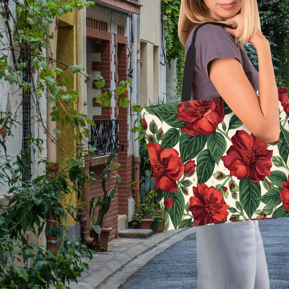 Frau mit große Schultertasche für Damen mit Blumenmuster in der Hand auf einer Stadtstraße