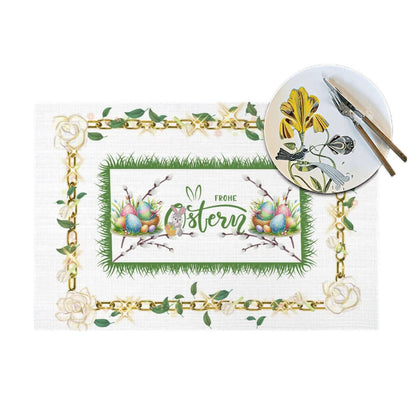 Tischset aus gewebtem PVC mit frohem Ostern Motiv, hitzebeständig bis 80 °C, kratzfest und rutschfest, 18"x12" Größe.